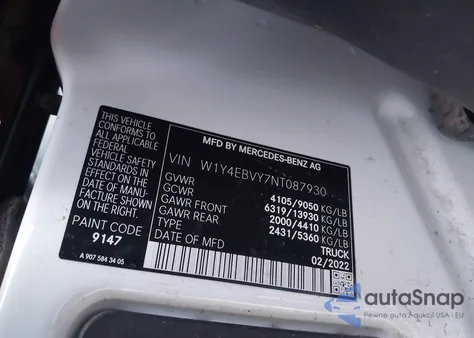 2022 Mercedes-Benz Sprinter 2500 Standard Roof V6 из США, поврежденный, VIN W1Y4EBVY7NT087930